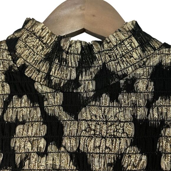 Elan Metallic Brocade Floral Blouse Womens Small Black/Gold Smocked Party Top - Picture 2 of 6